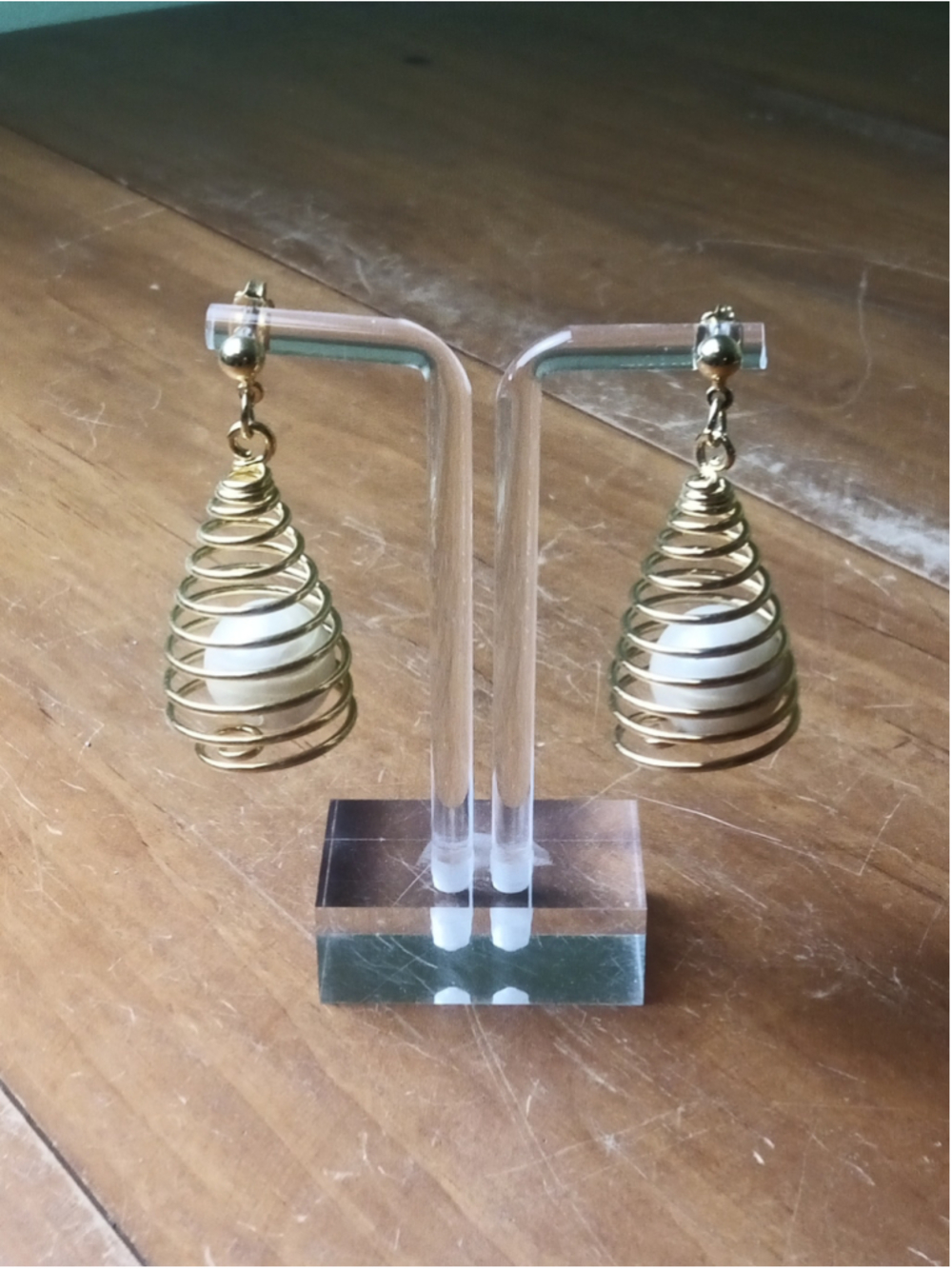 Women's Unbranded Gold and White Spiral Cage Drop Earrings, One Size